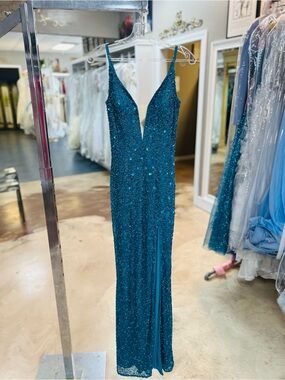 Aleta Teal Sequin V‑Neck Prom Dress with Thigh Slit